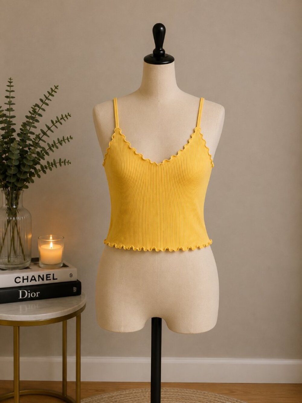 Forever 21 Yellow Ribbed Scallop-Edge Cropped Tank